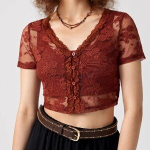 Floral Lace Sheer Short Sleeve Tee & Crop Tank Top